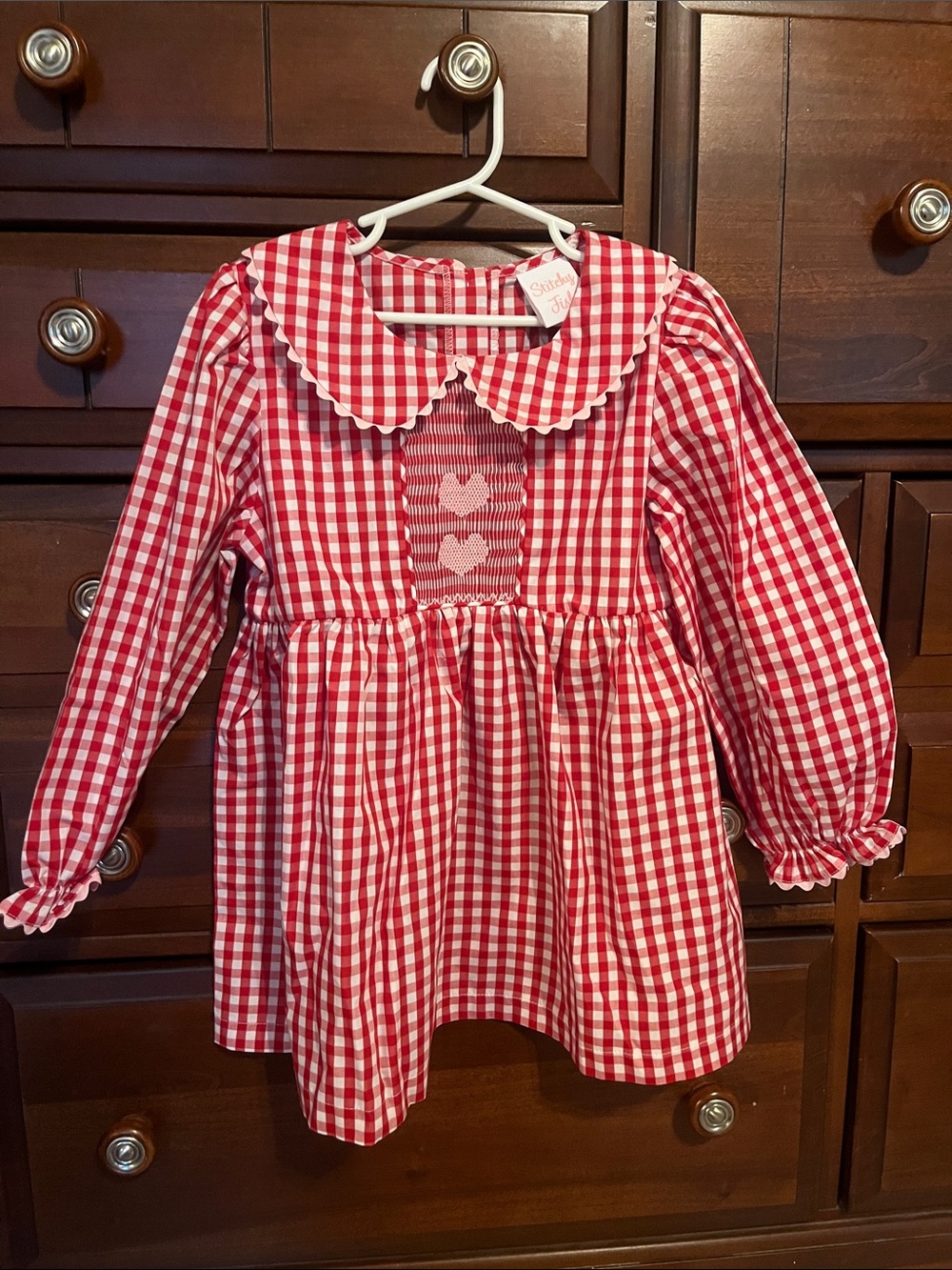 Red Gingham Smocked Heart Long-Sleeve Dress